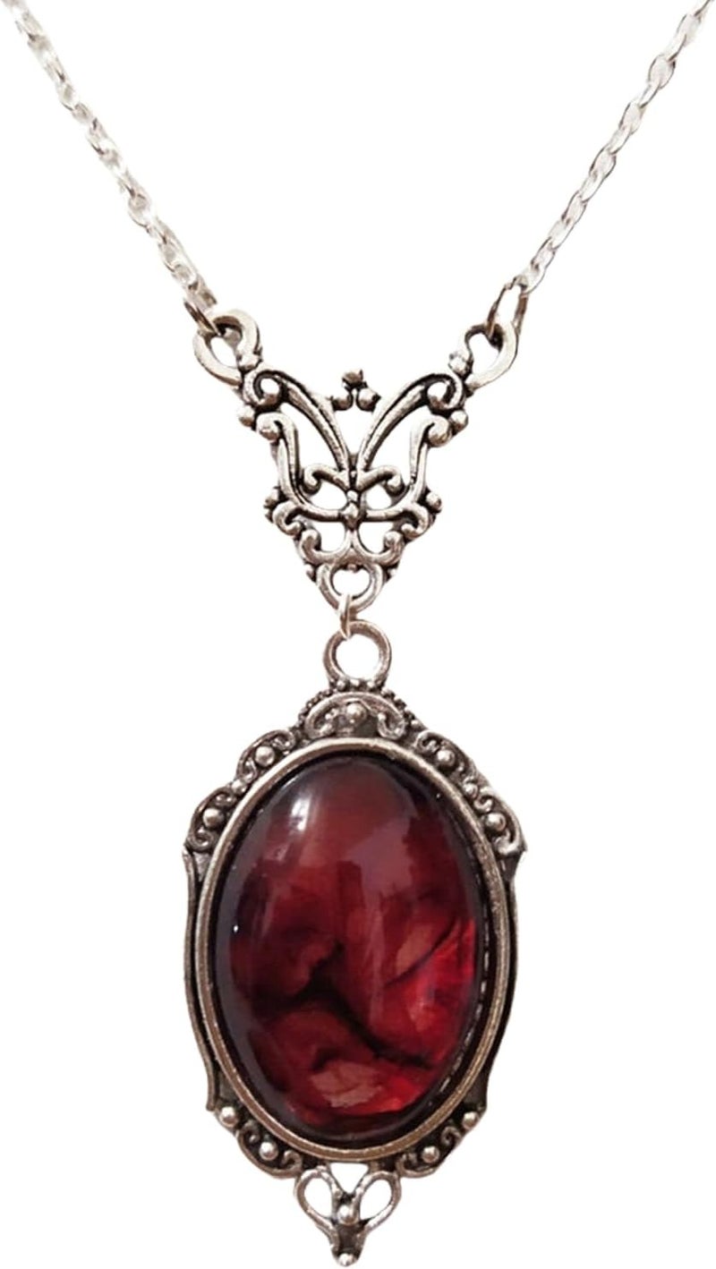 IS4U Gothic Vampire Necklace Vintage Stardust Crystal Cameo Pendant Necklace Punk Style Vampire Pendant Oval Necklace Satanic Demon Red Pendant Necklace Jewelry - Image 1